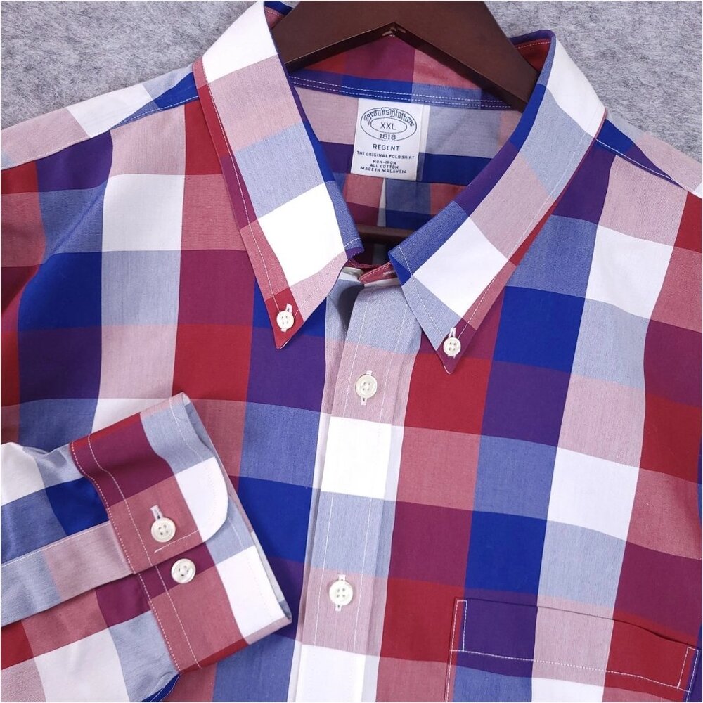 BROOKS BROTHERS XXL Regent Fit Non-Iron Red White Blue Windowpane LS Shirt